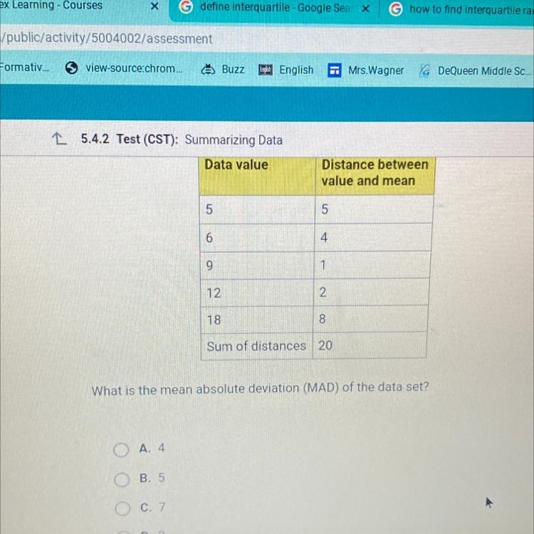 A data set is made up of the values 5, 6, 9, 12, and 18. The table shows the distance-example-1