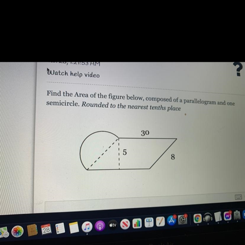 Find the Area of the figure below, composed of a parallelogram and one semicircle-example-1