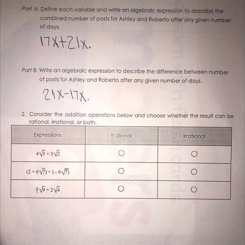 2. Consider the addition operations below and choose whether the result can be rational-example-1