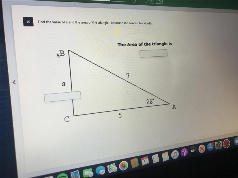 Find the value of a and the area of the triangle. Round to the nearest hundredth-example-1