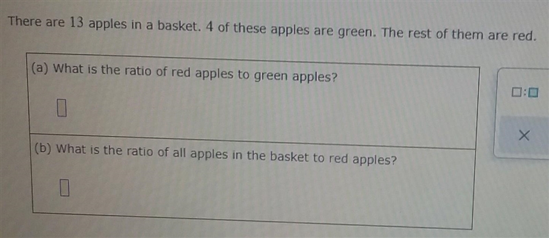 There are 13 apples in a basket. 4 of these apples are green. The rest are red. what-example-1