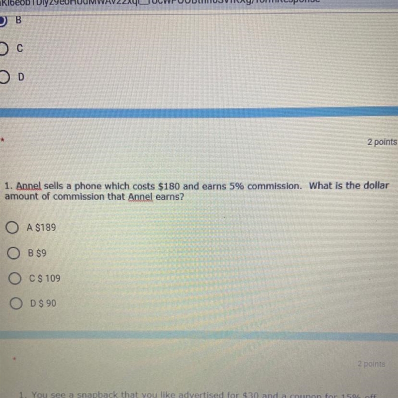 1. Annel sells a phone which costs $180 and earns 5% commission. What is the dollar-example-1