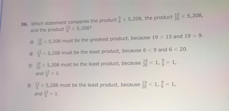 Which statement compares the product 9/9 x 5,208, the product 19/20 x 5,208, and the-example-1