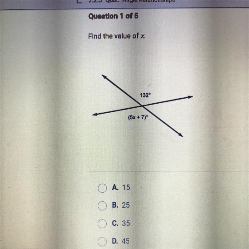 Find the value of x A.15 B.25 C.35 D.45-example-1