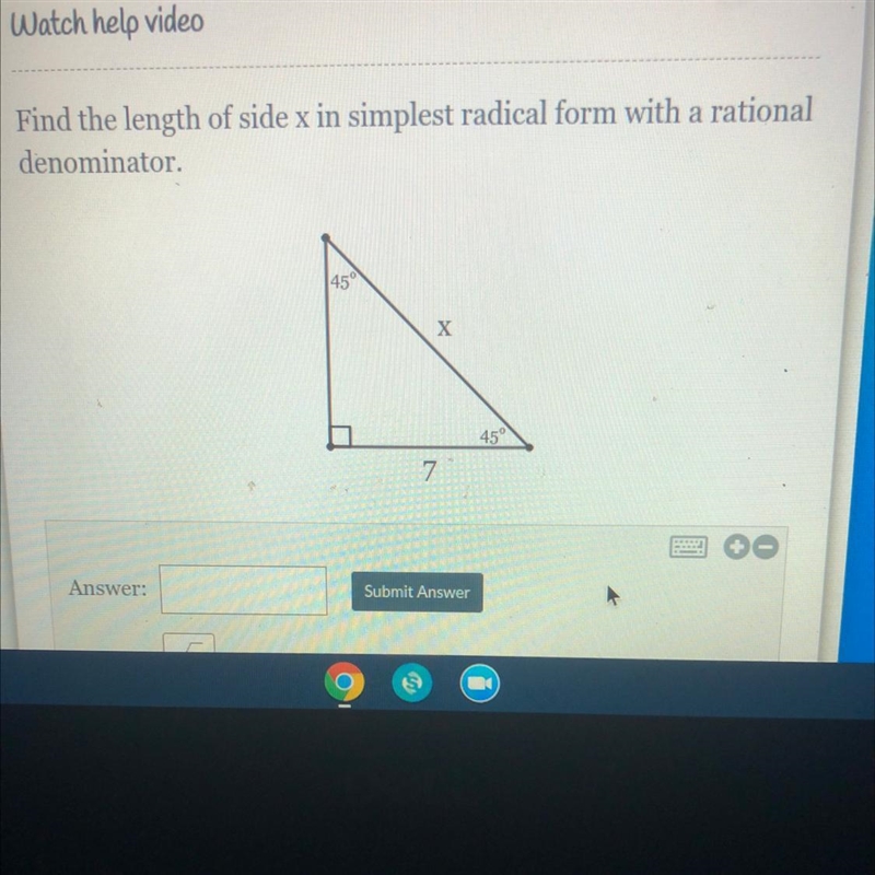 Find the length of side x in simplest radical form with a rational a denominator.-example-1