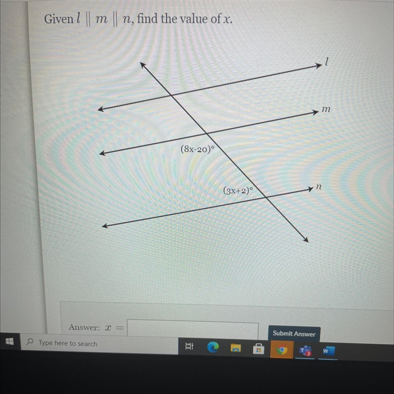 Given 1 || m 11 n, find the value of x. m (8x-20) (3x+2) →n-example-1