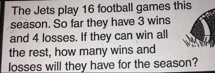 The Jets play 16 football games this season. So far they have 3 wins and 4 losses-example-1