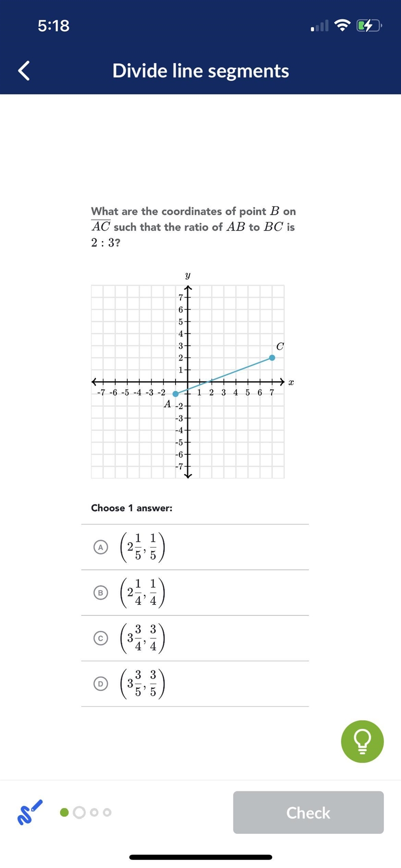 What are the coordinates of point B on AC such that the ratio of AB to BC is 2:3-example-1