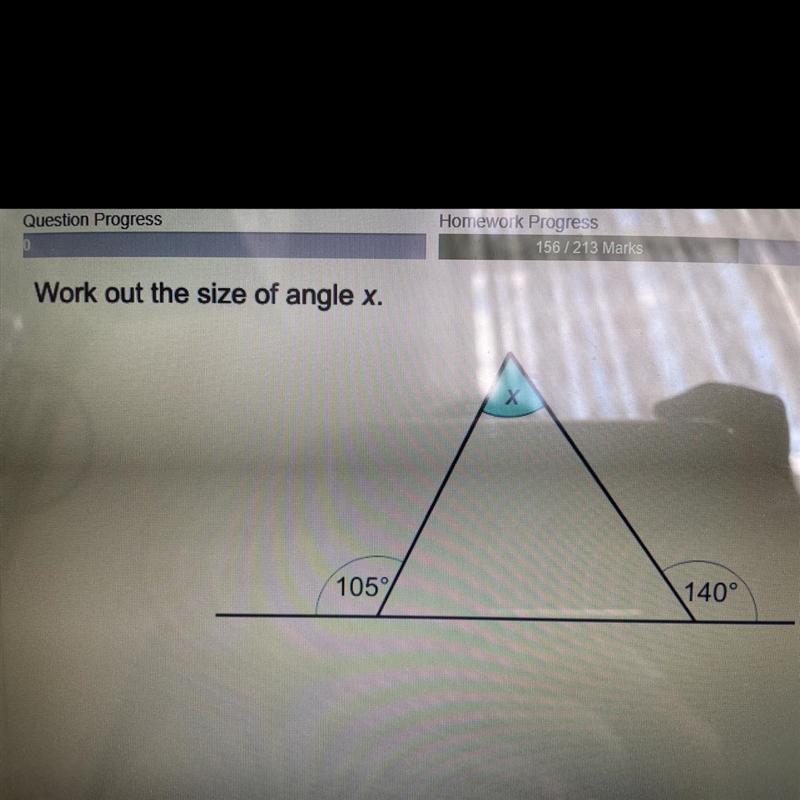 Work out the size of angle x. Х 105% 140° PLS HELP-example-1