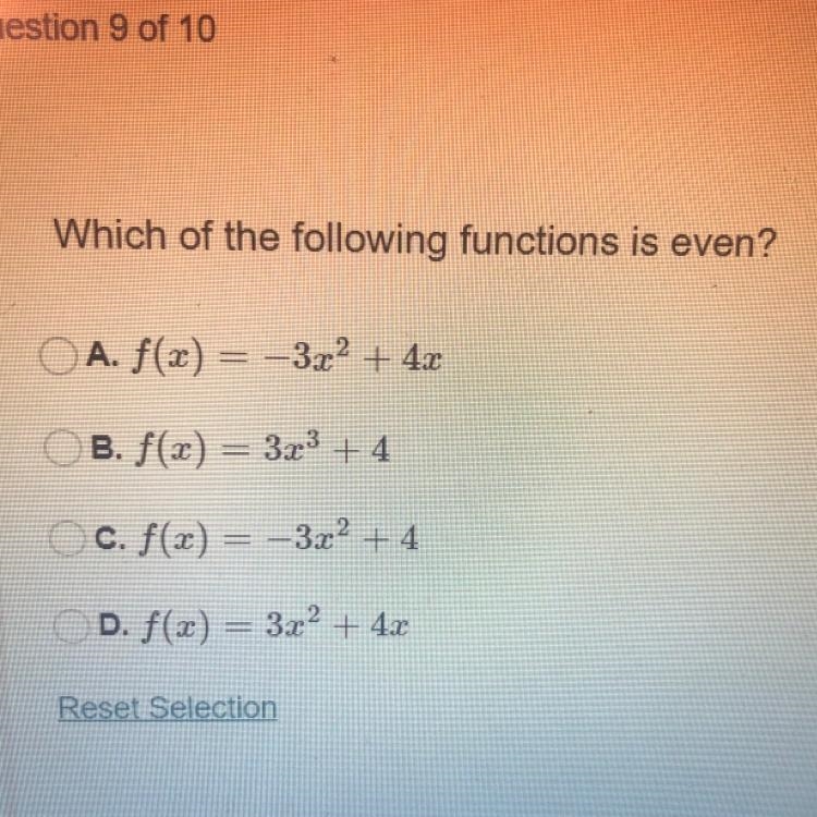 Which of the following functions is even?-example-1