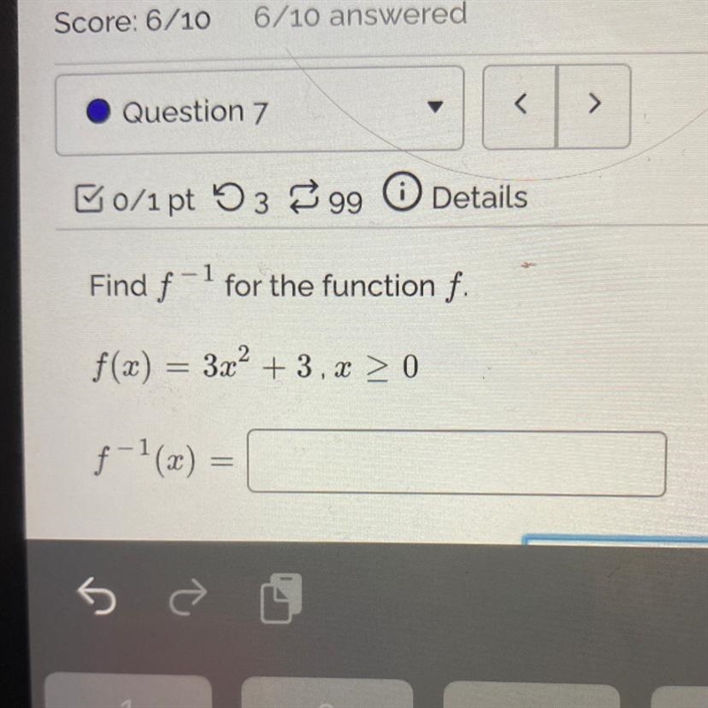 . 1 Find f for the function f. f(x) = 3x² + 3, x > 0 And find the domain-example-1