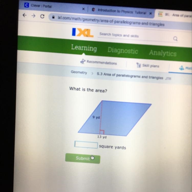 Geometry > 5.3 Mrea of parutions and tre What is the area? 9 yd 13 yo square yards-example-1