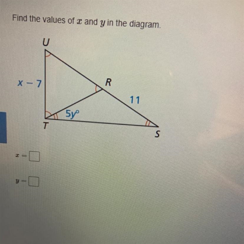 Find the values of x and y in the diagram.-example-1