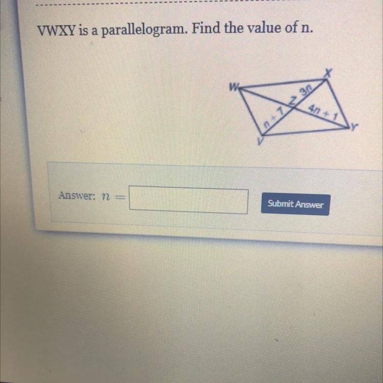 VWXY is a parallelogram. Find the value of n. Help meeee-example-1