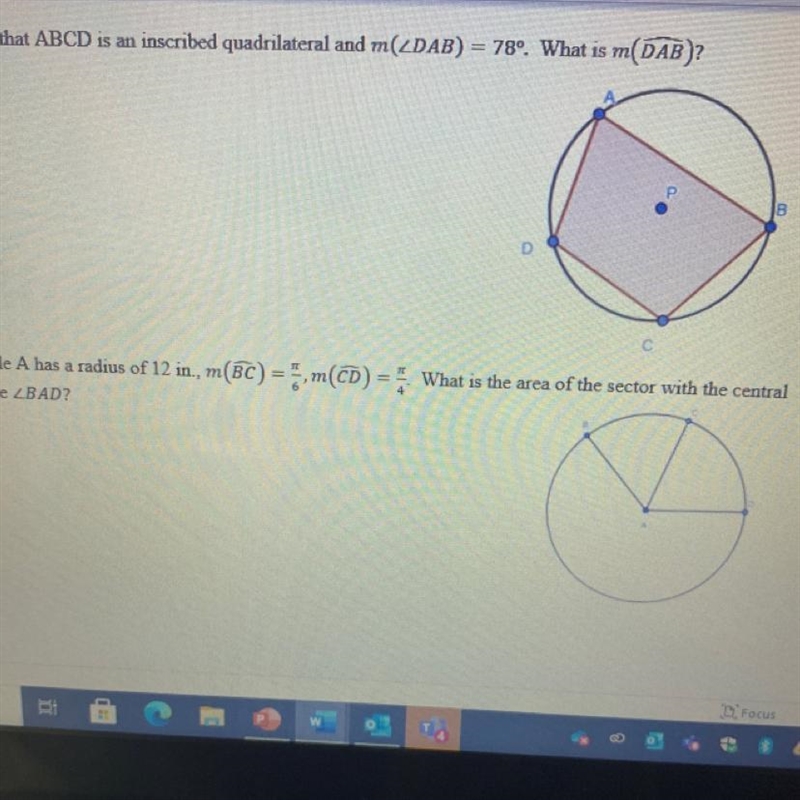 Given that ABCD is an inscribed quadrilateral and m(ZDAB) = 78°. What is m(DAB)?-example-1