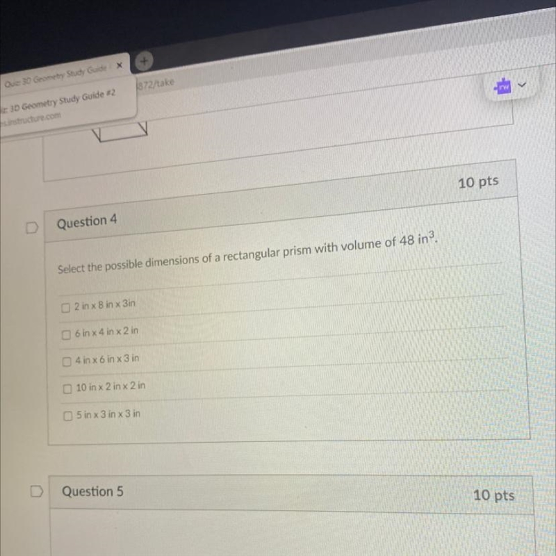 Select the possible dimensions of a rectangular prism with volume of 48 in.-example-1