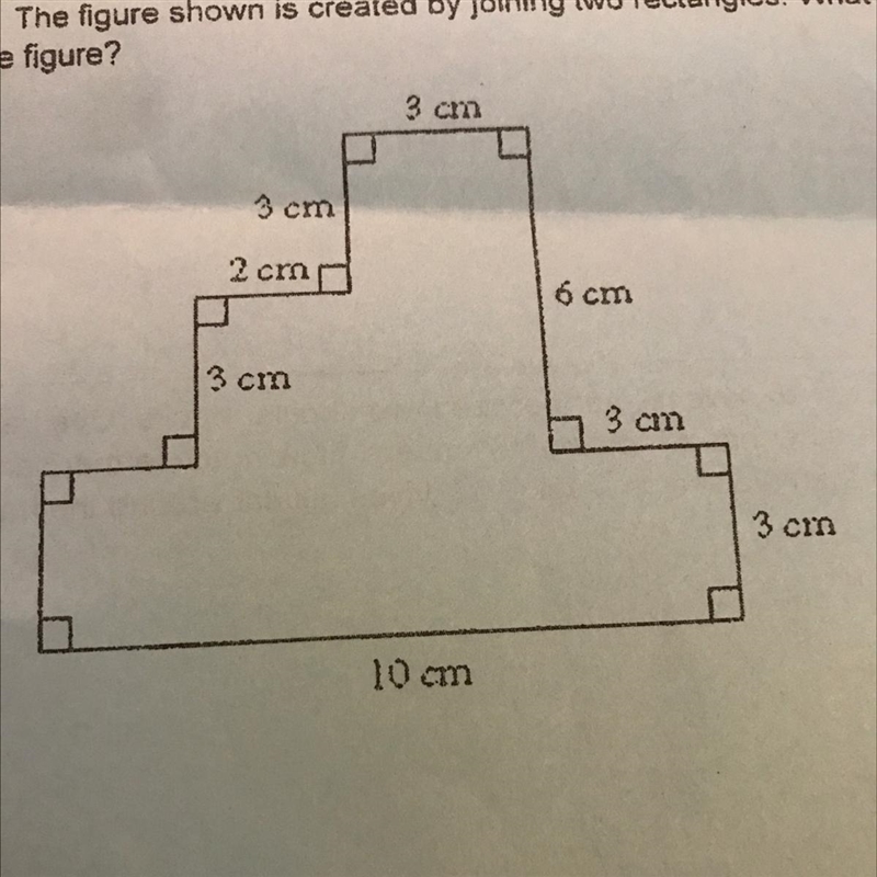 The figure shown is created by joining two rectangles. What is the area in square-example-1