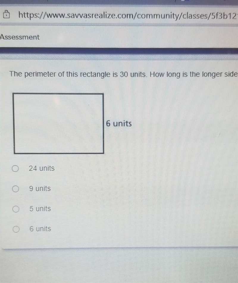 The perimeter of this rectangle is 30 units. How long is the longer side? a. 24 units-example-1