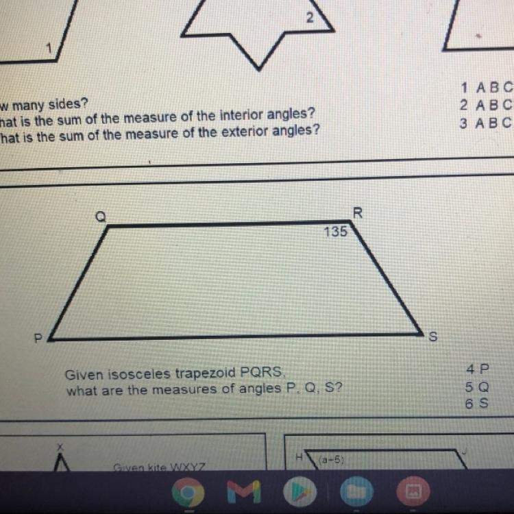 R 135 Р S Given isosceles trapezoid PQRS. what are the measures of angles P. Q, S-example-1