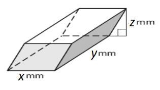 In the polyhedron above x=5 mm, y=9 mm, and z=4 mm. The volume of the polyhedron is-example-1