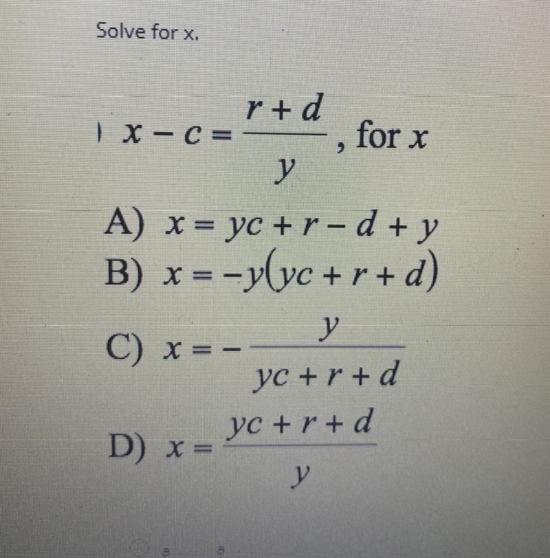 Solve for x, x-c=r+d/y-example-1