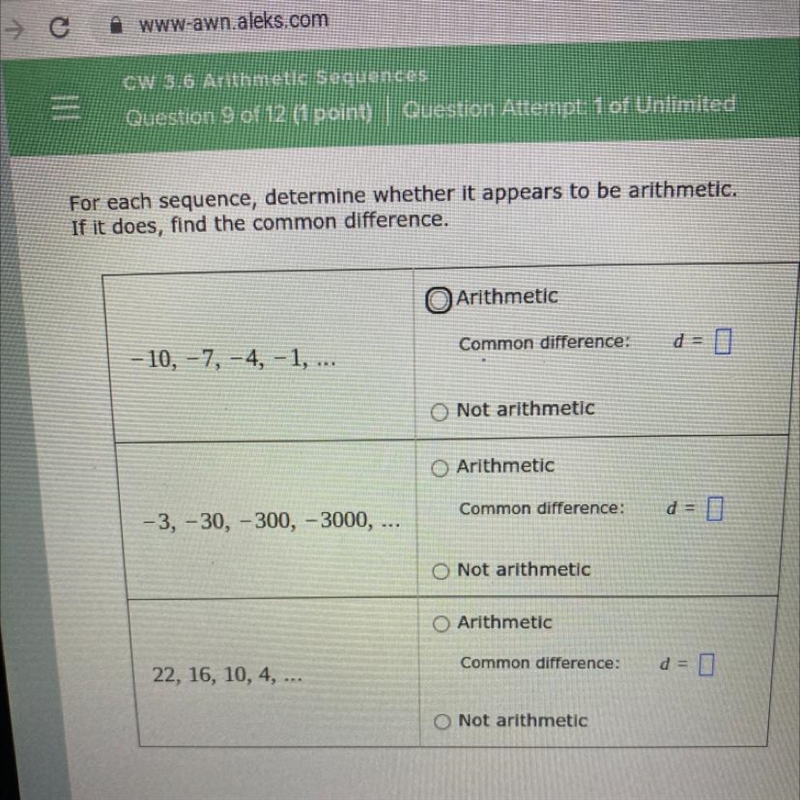 For each sequence, determine whether it appears to be arithmetic. If it does, find-example-1