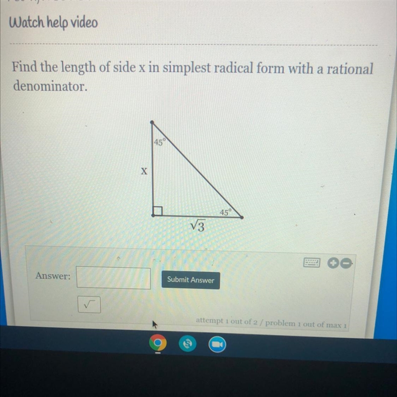 Find the length of side x in simplest radical form with a rational a denominator.-example-1