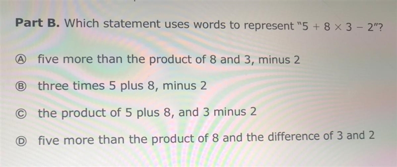 Which statement uses words to represent 5+8x3-2-example-1