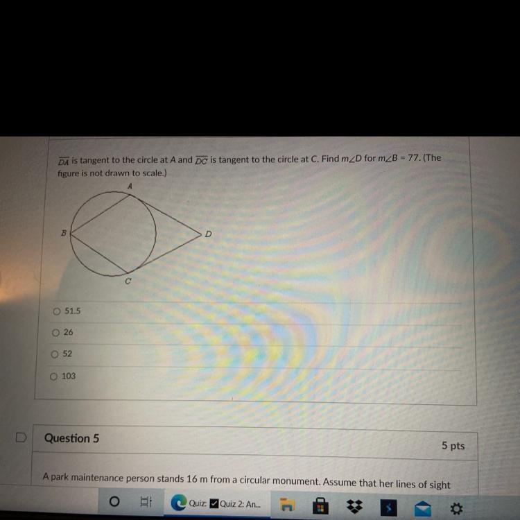 DA is tangent to the circle at A and DC is tangent to the circle at C. Find m-example-1