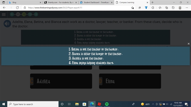 Adelita, Elena, Betina, and Bianca each work as a doctor, lawyer, teacher, or banker-example-1