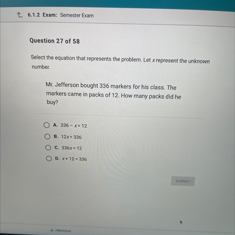 Question 27 of 58 Select the equation that represents the problem. Let x represent-example-1