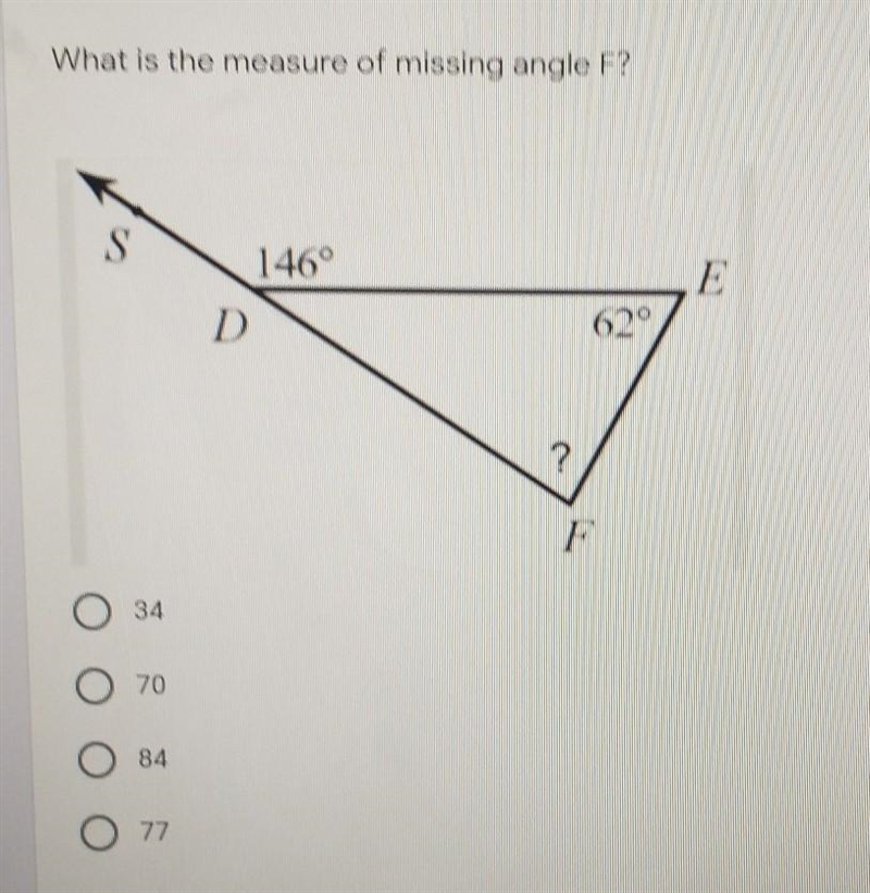 What is the measure of missing angle F?​-example-1