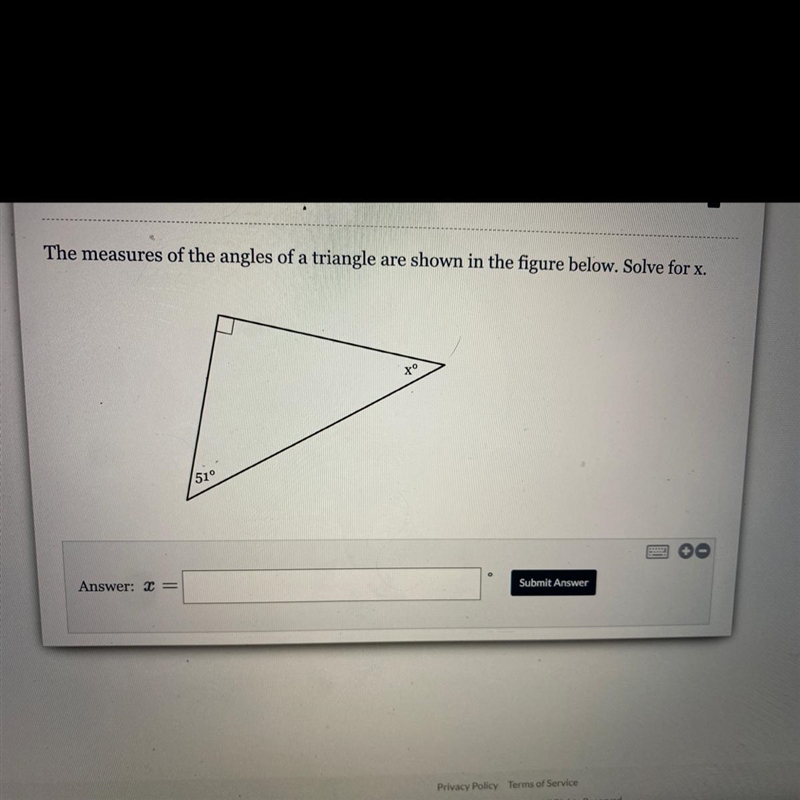 The measures of the angles of a triangle are shown in the figure below. Solve for-example-1