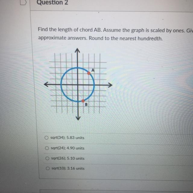 Find the length of chord AB. Assume the graph is scaled by ones. Give exact and approximate-example-1