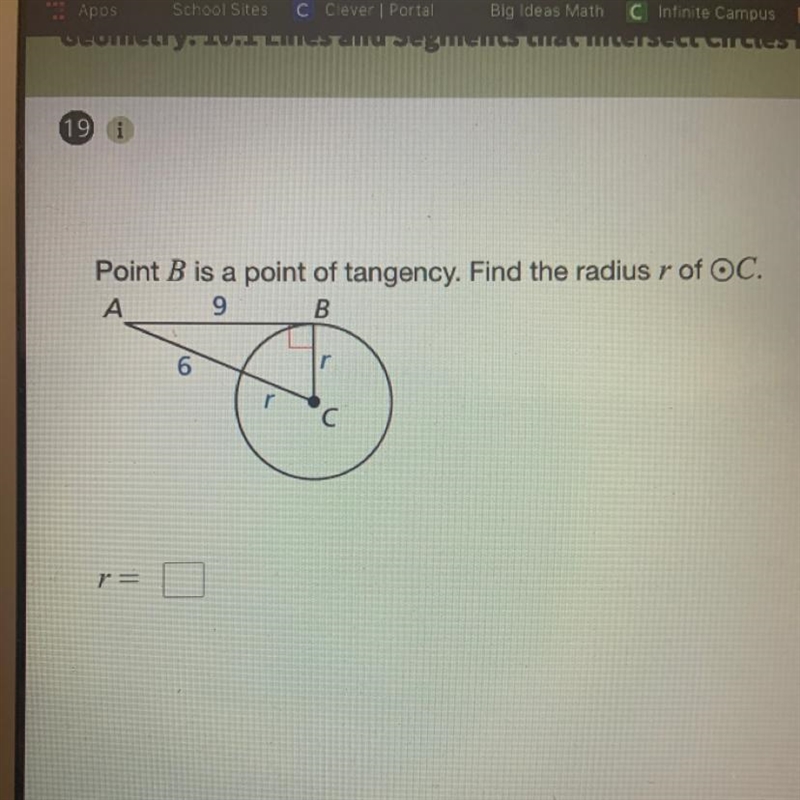 Point B is a point of tangency. Find the radius r of OC. А 9 B r n-example-1