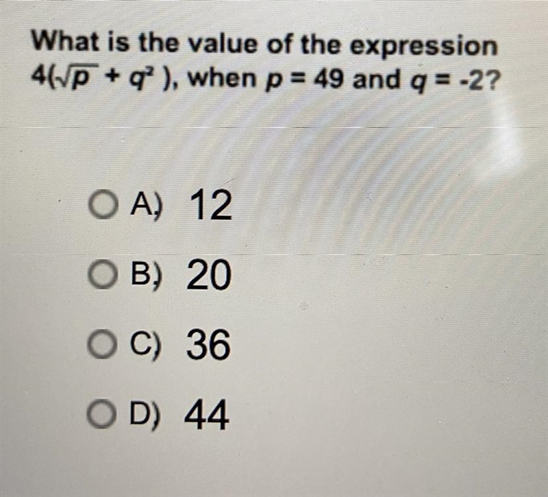 What is the value of the expression 401P + q?), when p = 49 and q = -2? O A) 12 OB-example-1