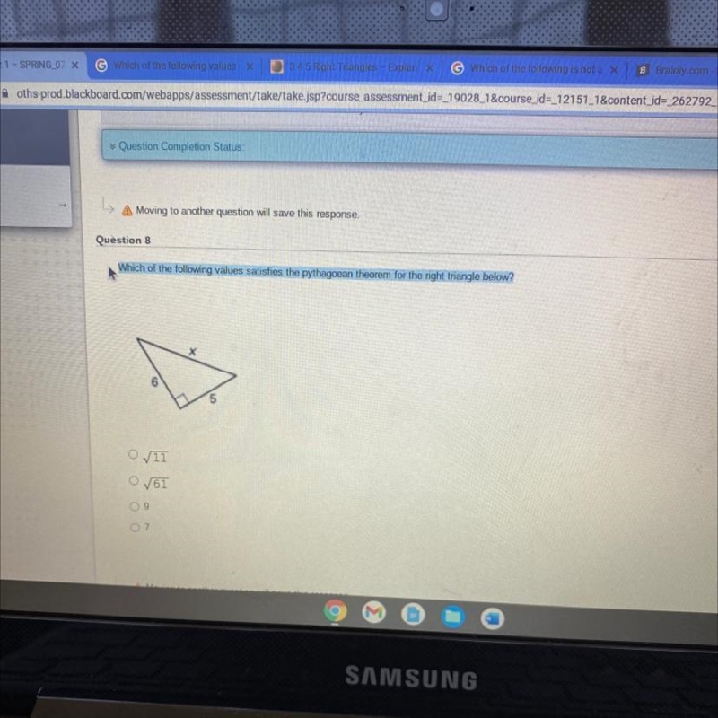 Which of the following values satisfies the pythagoean theorem for the right triangle-example-1