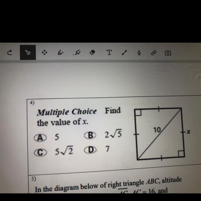 Multiple Choice Find the value of x. A 5 B 215 C 52 D 1 10-example-1