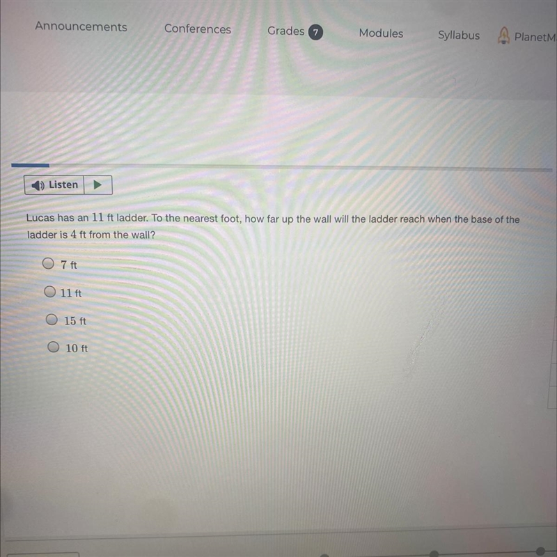 Please help me A. 7ft B. 11ft C. 15ft D. 10ft-example-1