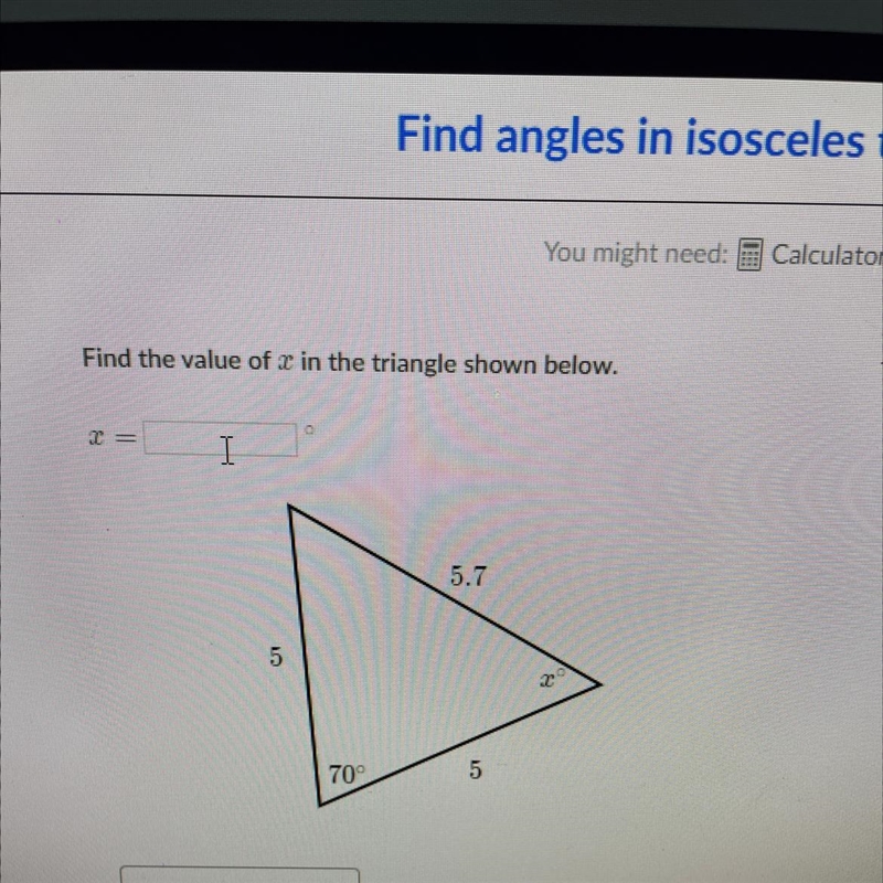 Find the x value in the triangle shown below NEED HELP-example-1