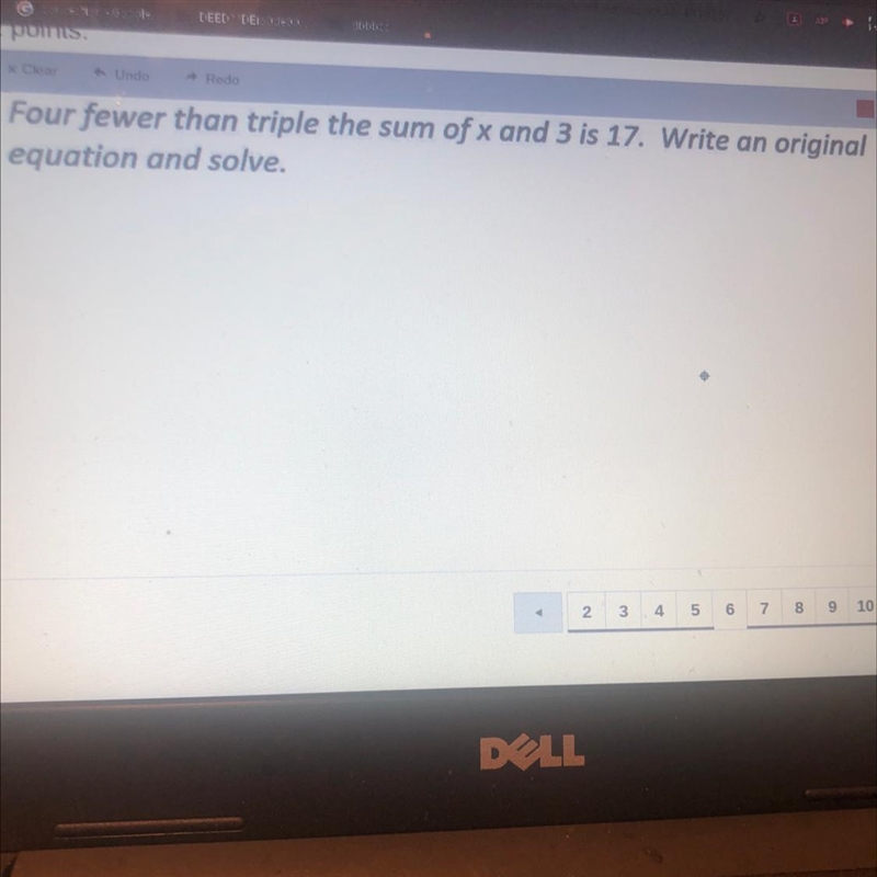 Four fewer than triple the sum of x and 3 is 17-example-1