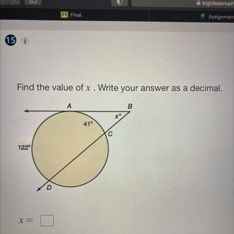 Find the value of x. Write your answer as a decimal.-example-1