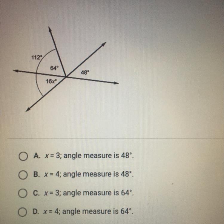 Find the value of x and the measure of the angle labeled 16X". 112 64° 48° 16x-example-1