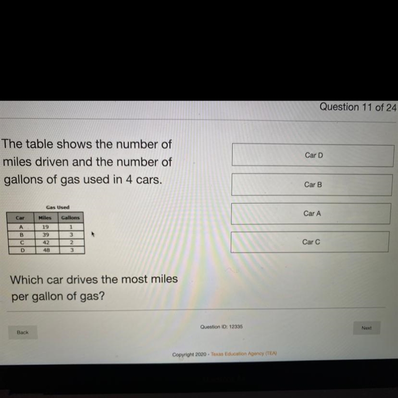 The table shows the number of miles driven and the number of gas used in 4 cars.Which-example-1