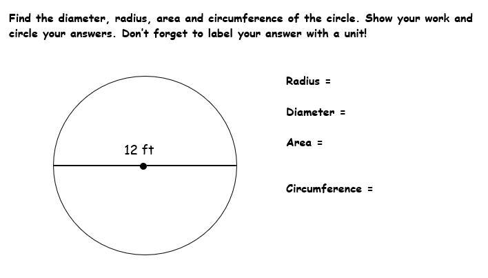 Find the diameter, radius, area and circumference of the circle. Show your work.-example-1