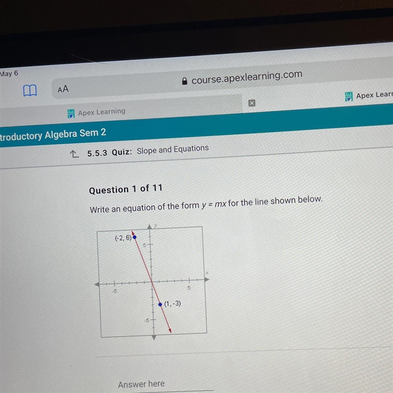 Write an equation of the form y = mx for the line shown below.-example-1