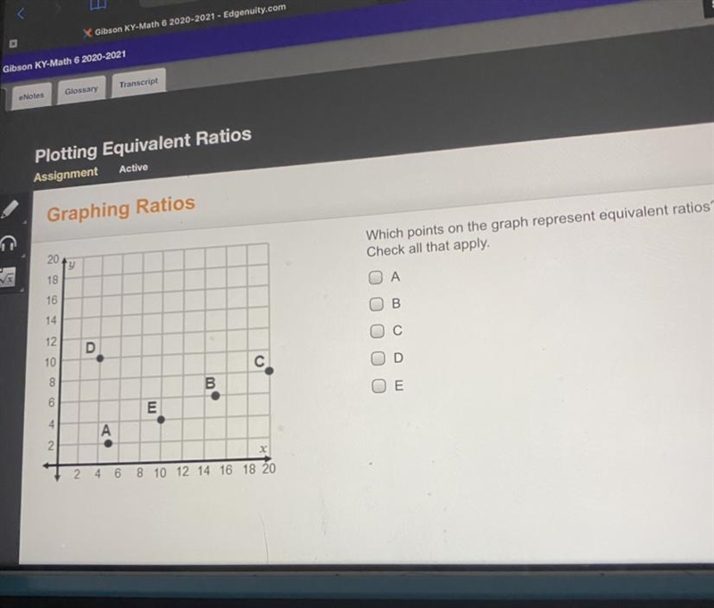 Which points on the graph represent equivalent ratios? Check all that apply. A B С-example-1