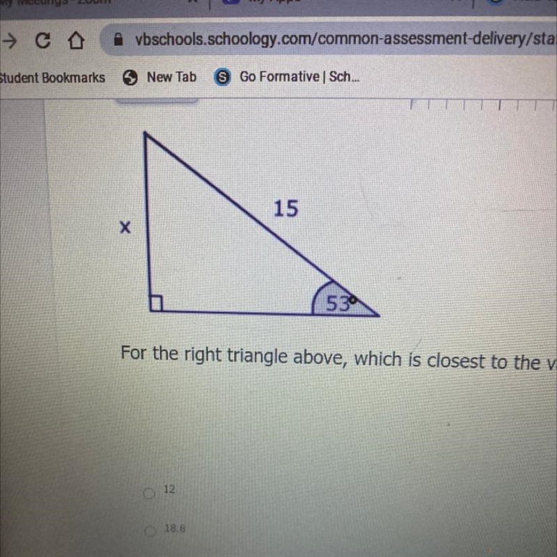 For the right triangle above, which is closest to the value of x? A .12 B. 18.8 C-example-1