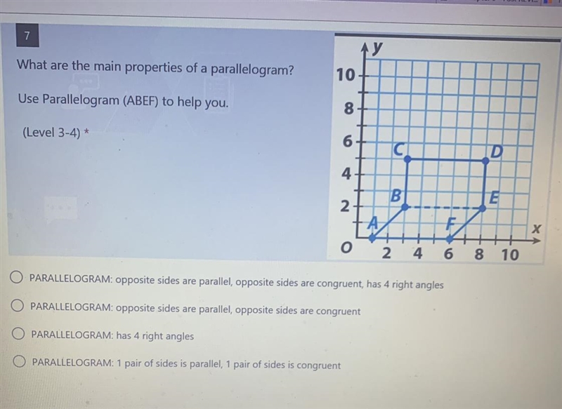 What are the main properties of a parallelogram? use the parallelogram (ABEF) to help-example-1