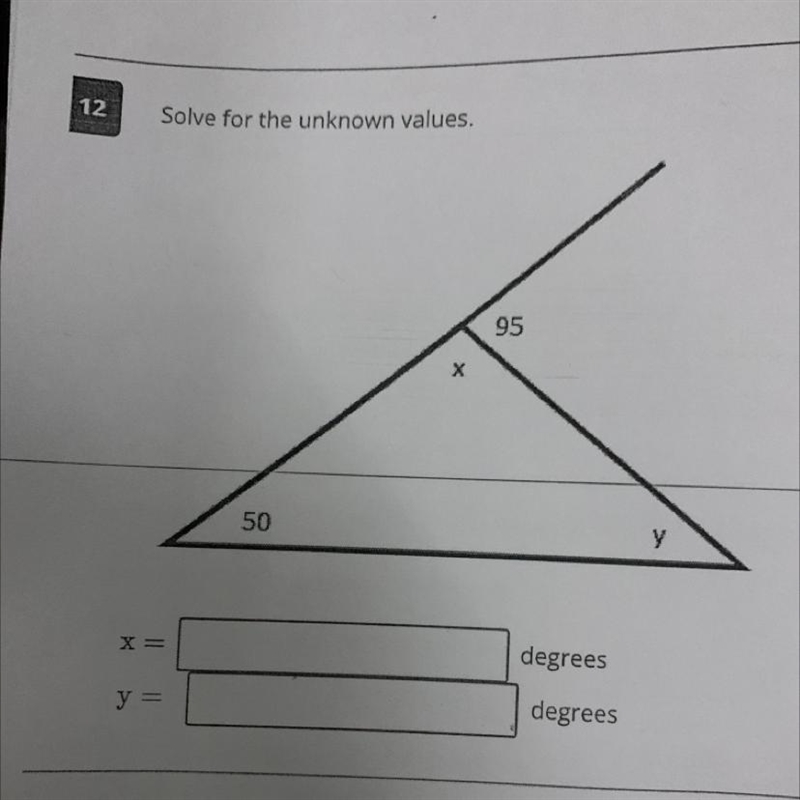 Solve for the unknown values. 95x 50y X= degrees y = degrees-example-1